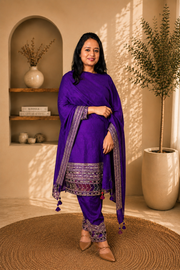 Royal Purple Raw Silk Embroidered Kurta Pant Set with Dupatta