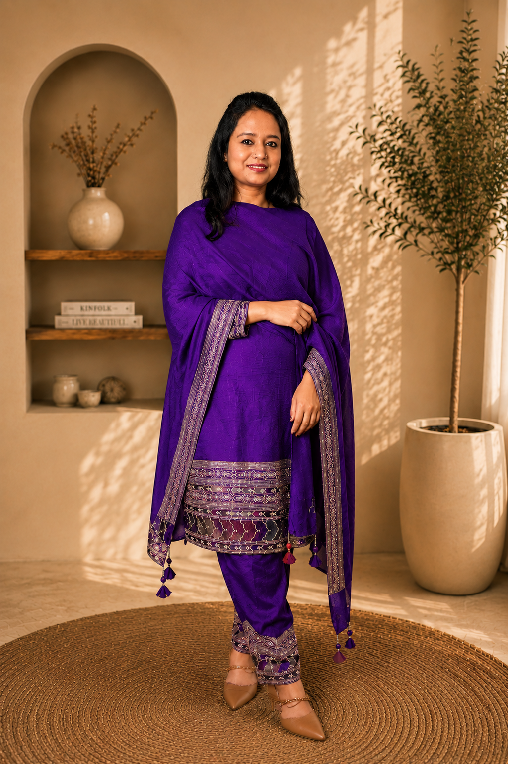 Royal Purple Raw Silk Embroidered Kurta Pant Set with Dupatta