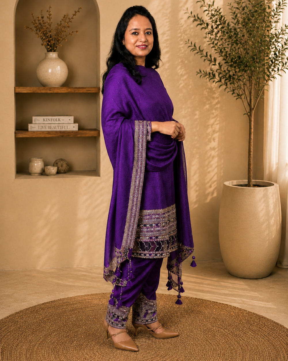 Royal Purple Raw Silk Embroidered Kurta Pant Set with Dupatta
