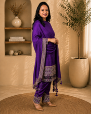 Royal Purple Raw Silk Embroidered Kurta Pant Set with Dupatta