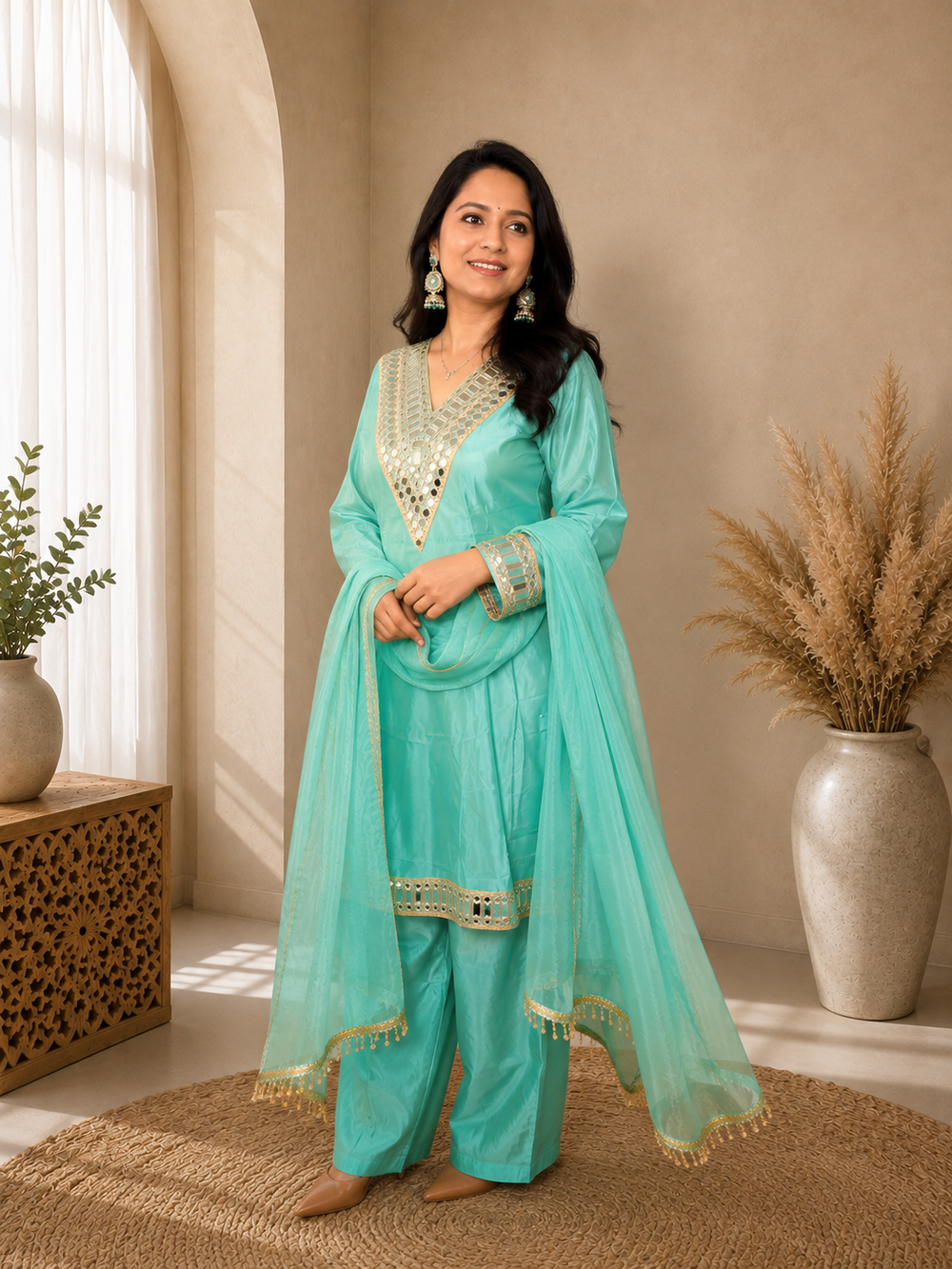 Aqua Green Short Anarkali with Palazzo and Dupatta