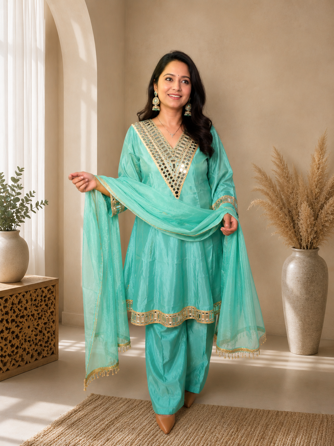 Aqua Green Short Anarkali with Palazzo and Dupatta