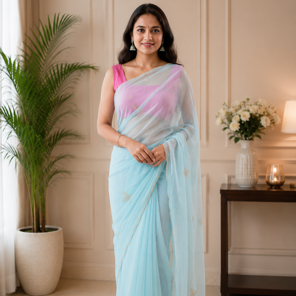 Sky Blue Georgette Saree with Cut Dana Handwork