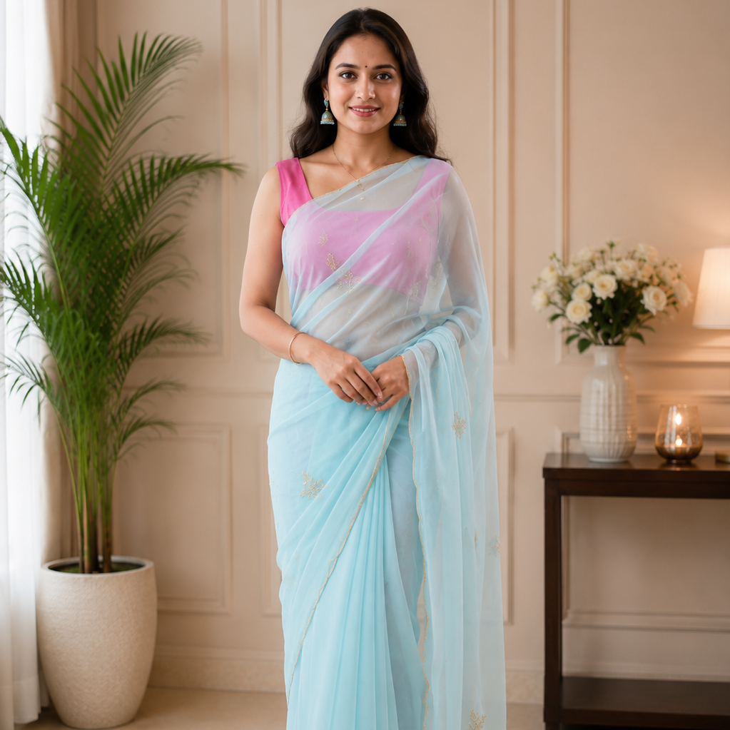 Sky blue georgette saree with cut dana handwork - front view