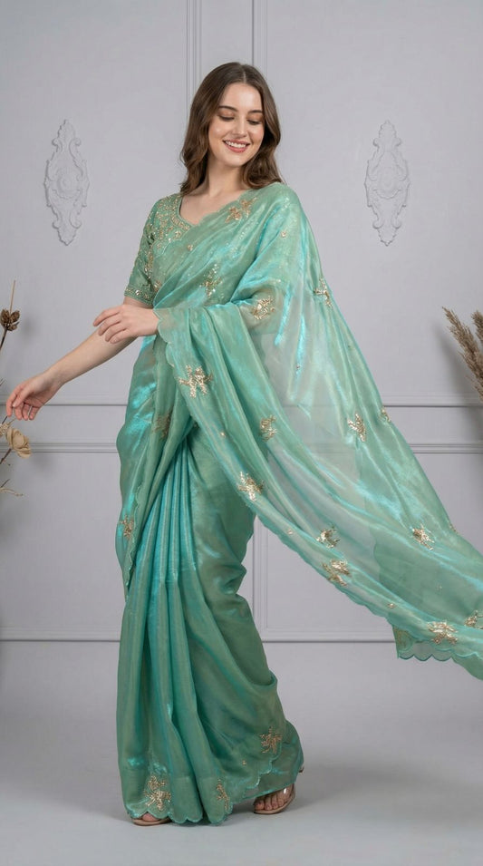 Firoji fandy satin silk saree with heavy shine hand work and cutwork border.