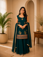 Teal Embroidered Kurta Sharara Set with Chiffon Dupatta