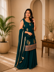 Teal Embroidered Kurta Sharara Set with Chiffon Dupatta