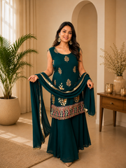 Teal Embroidered Kurta Sharara Set with Chiffon Dupatta