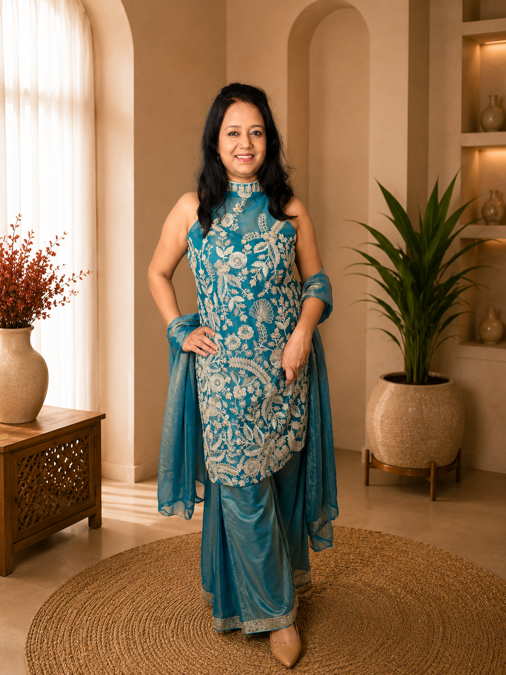 Teal Green Embroidered Kurta Palazzo Set with Dupatta