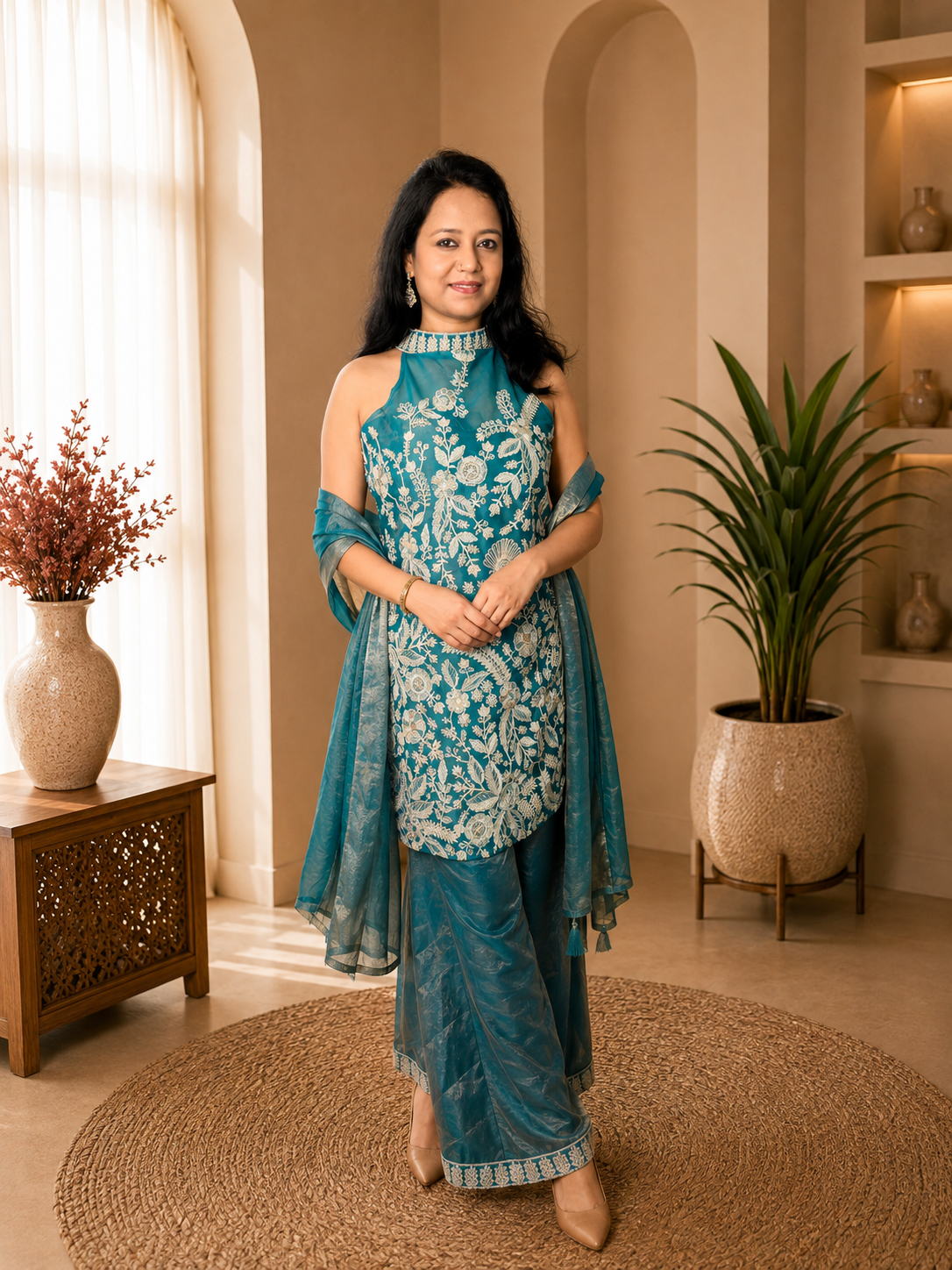 Teal Green Embroidered Kurta Palazzo Set with Dupatta