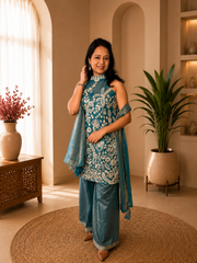 Teal Green Embroidered Kurta Palazzo Set with Dupatta