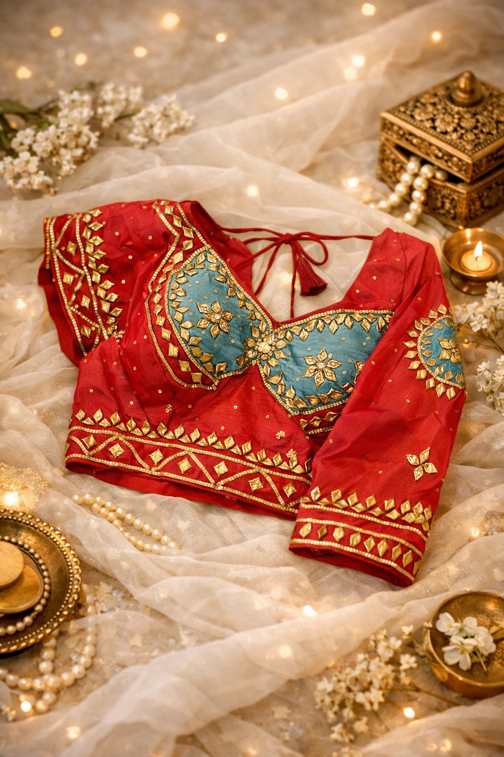 Turquoise Chiffon Gota Patti Saree with Ready Aangi Blouse.