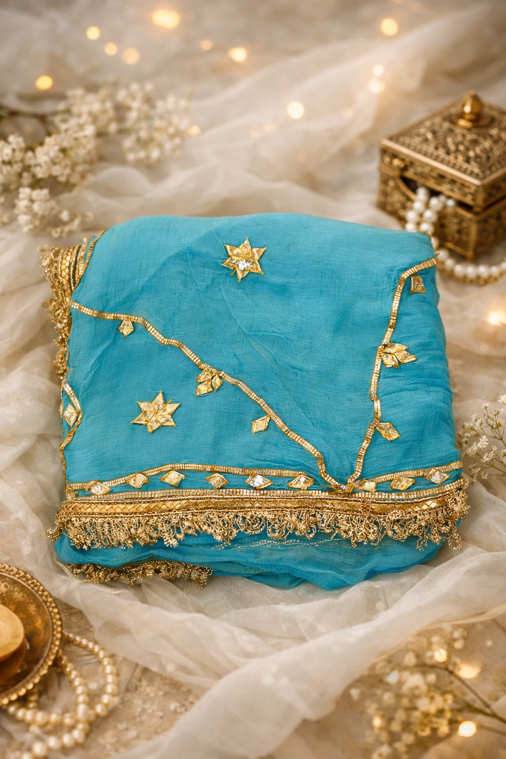 Turquoise Chiffon Gota Patti Saree with Ready Aangi Blouse.