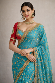 Turquoise Chiffon Gota Patti Saree with Ready Aangi Blouse.