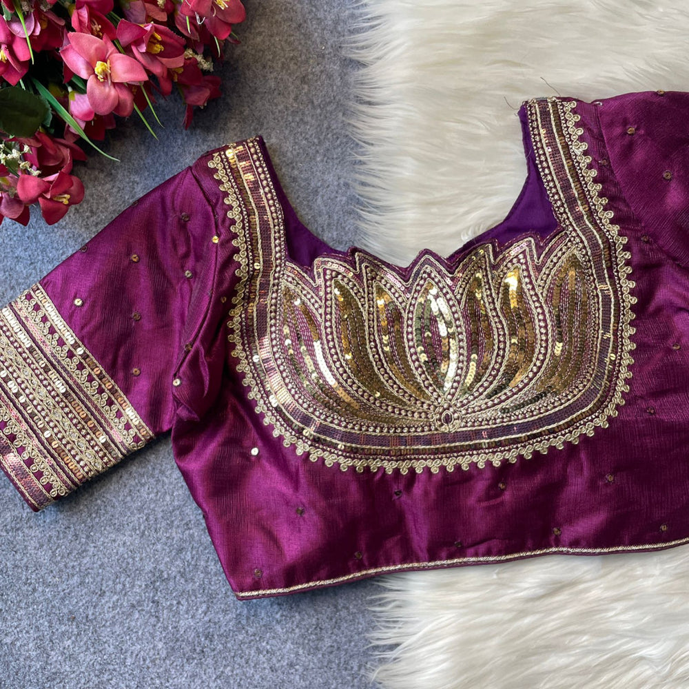 Heavy milan silk with embroidery work magenta color blouse