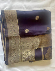 Slate Blue Silk Saree with Gold Zari Butis tvisa