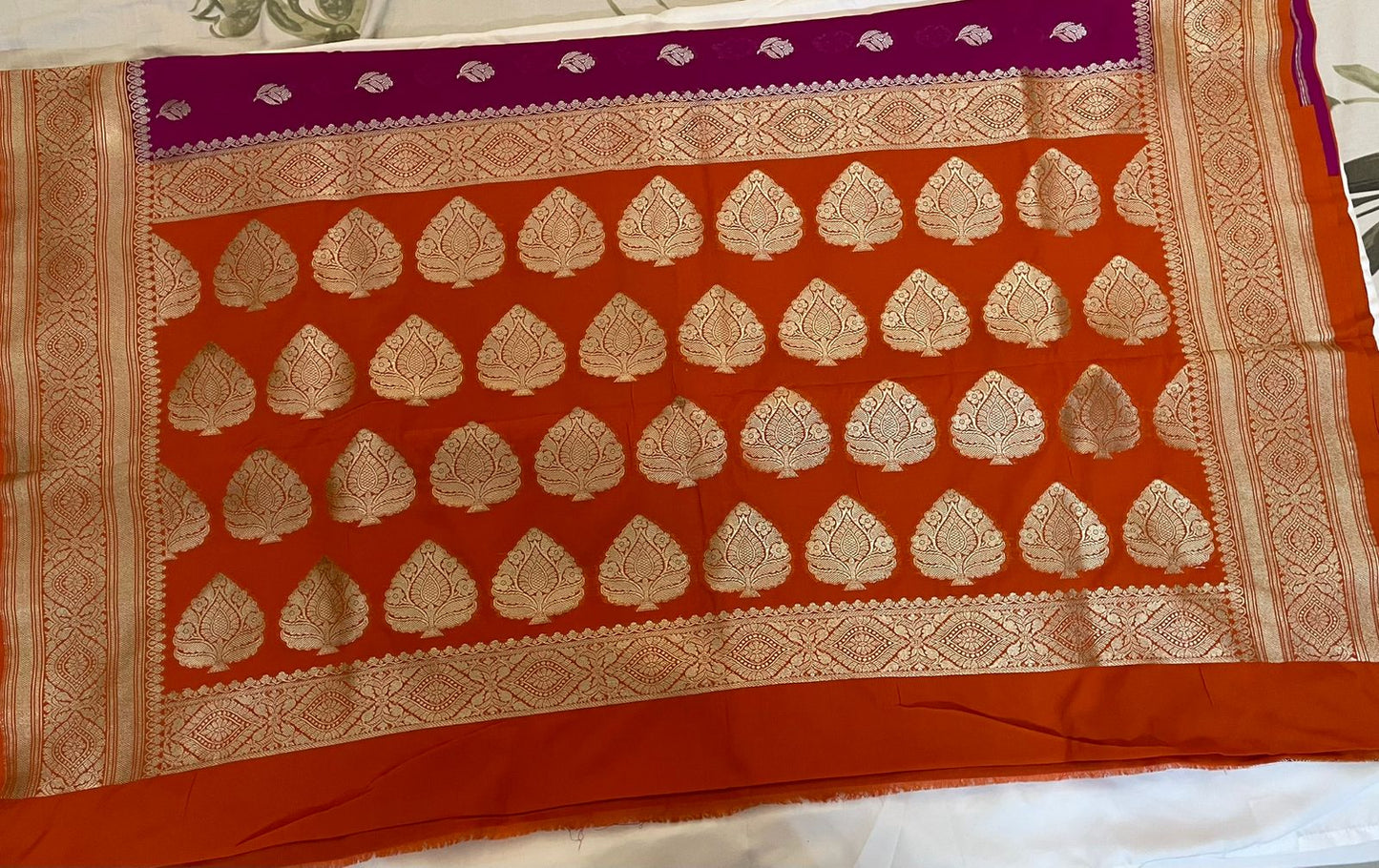 Pure Khaddi Georgette Saree in Deep Magenta with Rust Orange Zari Border tvisa