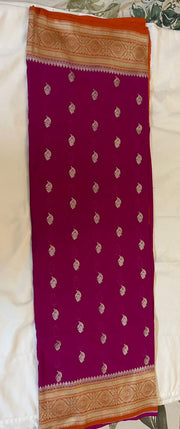 Pure Khaddi Georgette Saree in Deep Magenta with Rust Orange Zari Border tvisa