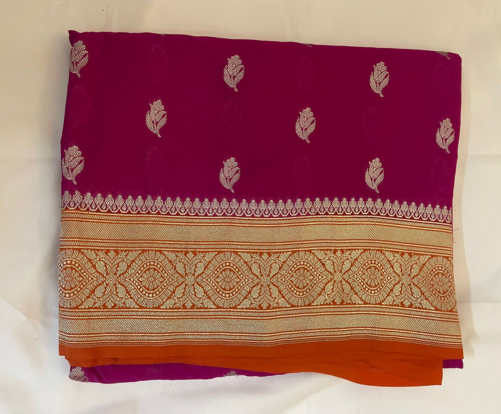 Pure Khaddi Georgette Saree in Deep Magenta with Rust Orange Zari Border