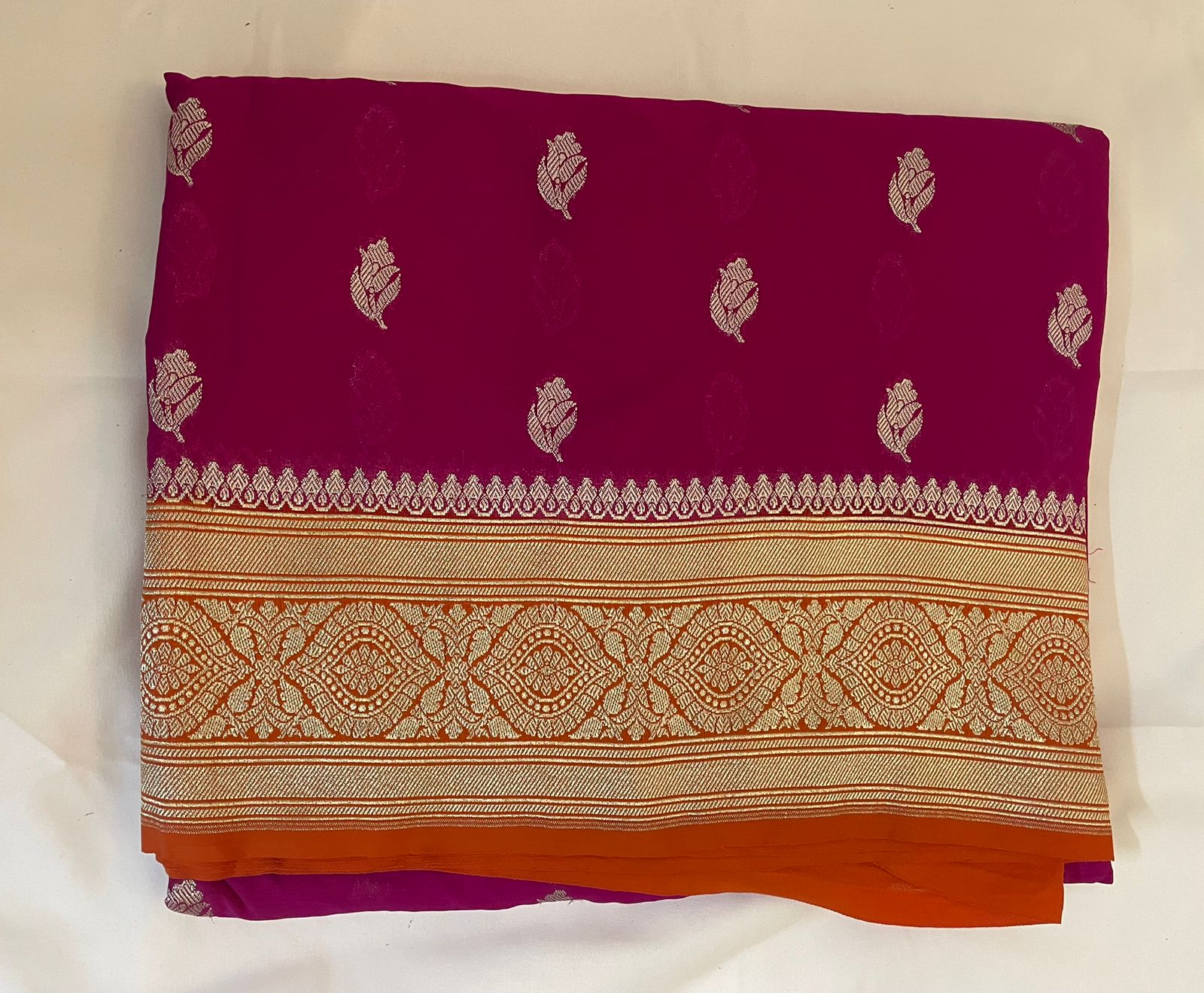 Pure Khaddi Georgette Saree in Deep Magenta with Rust Orange Zari Border tvisa