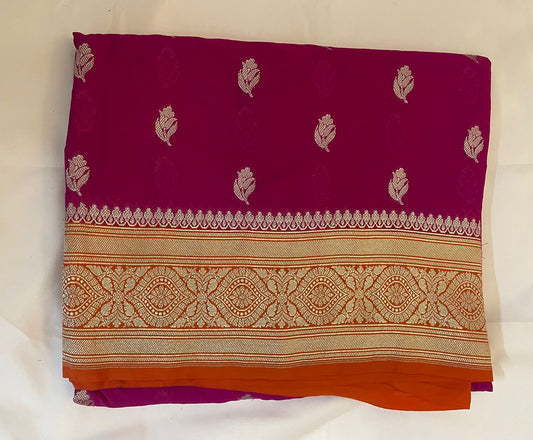 Pure Khaddi Georgette Saree in Deep Magenta with Rust Orange Zari Border tvisa