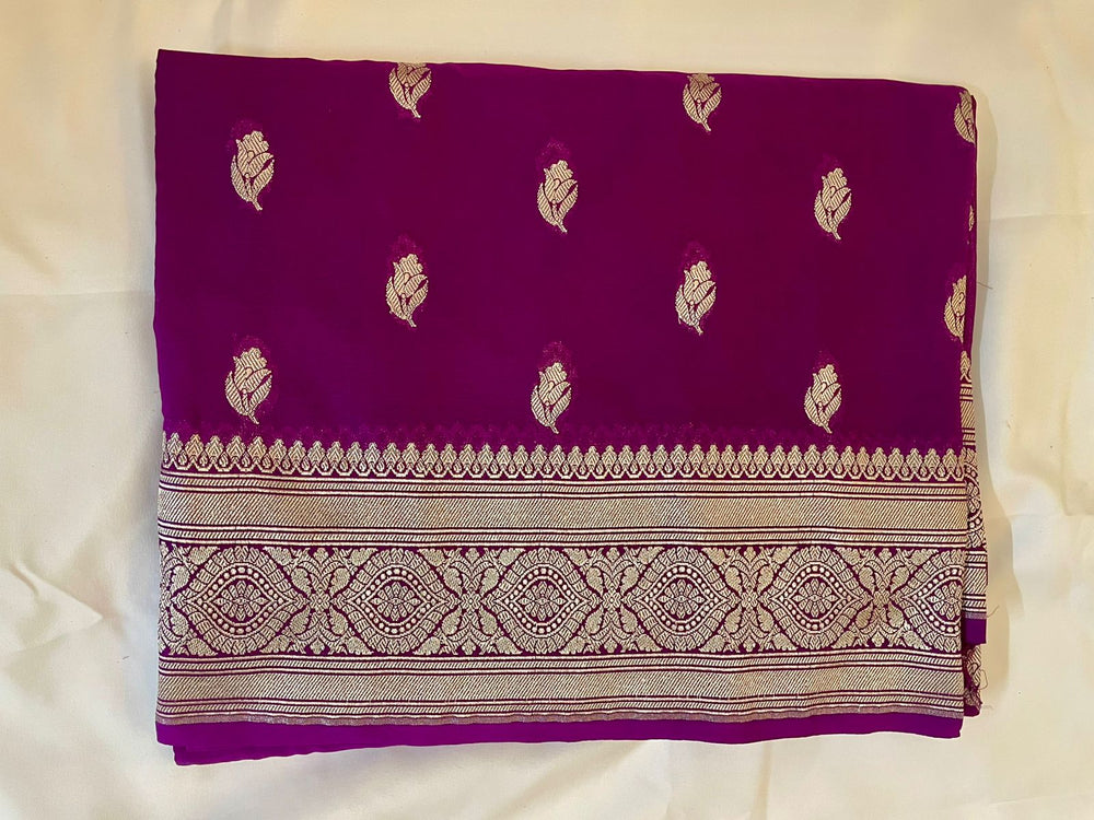 Pure Banarasi Khaddi Georgette Saree in Deep Purple with Gold Zari Motifs
