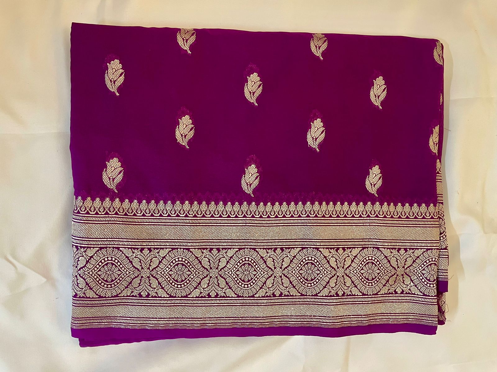 Pure Banarasi Khaddi Georgette Saree in Deep Purple with Gold Zari Motifs tvisa