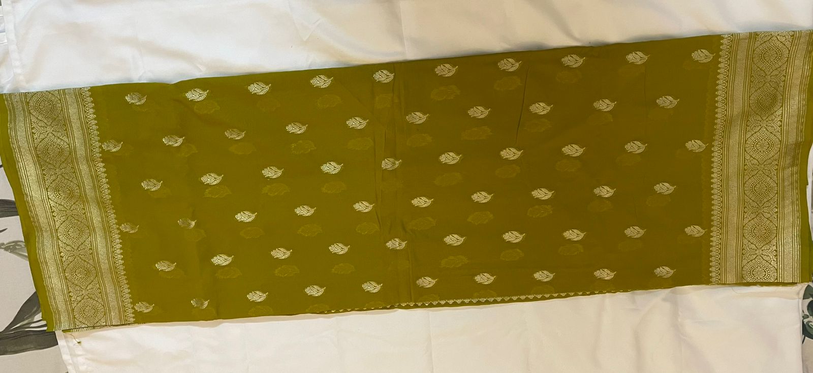 Pure Banarasi Khaddi Georgette Saree in Olive Green with Gold Zari Motifs tvisa