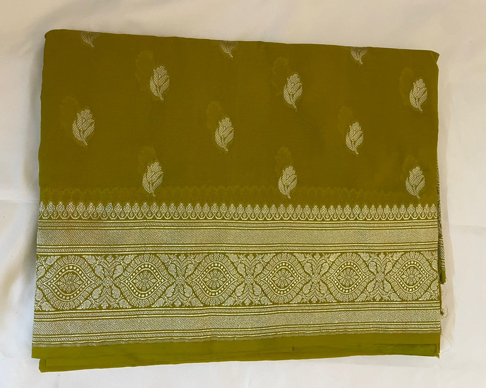 Pure Banarasi Khaddi Georgette Saree in Olive Green with Gold Zari Motifs