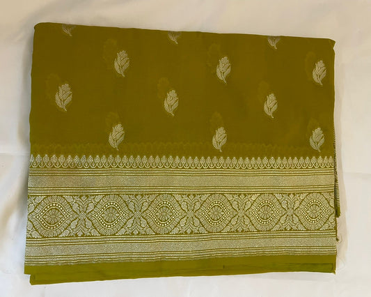 Pure Banarasi Khaddi Georgette Saree in Olive Green with Gold Zari Motifs tvisa