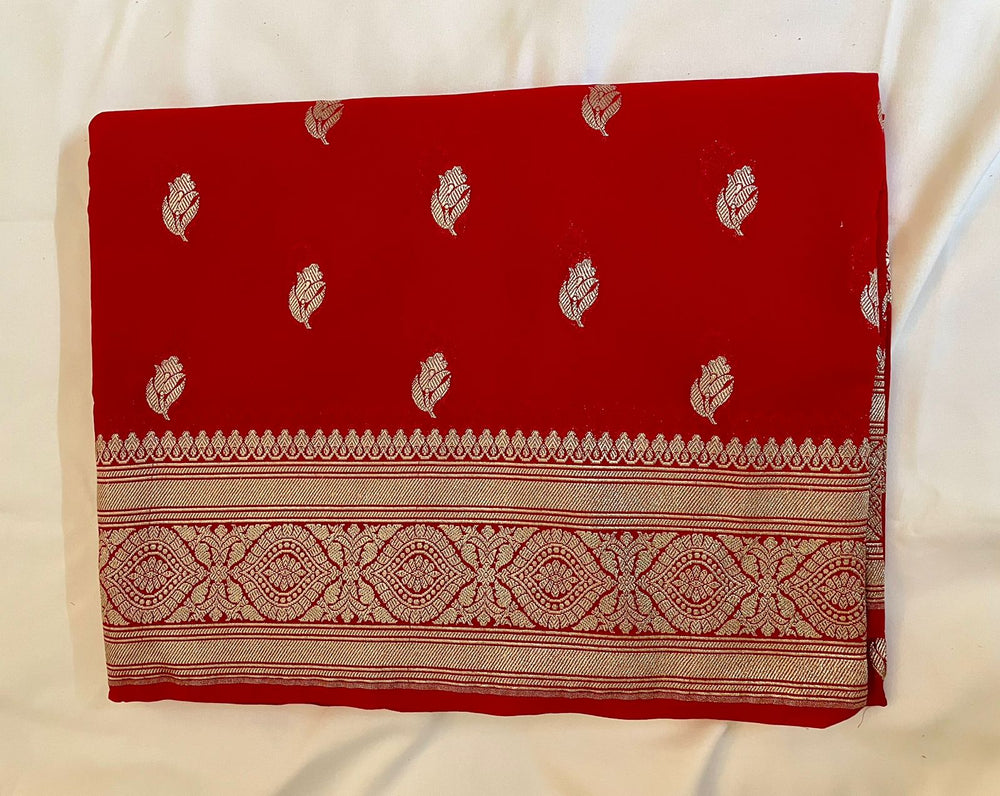 Pure Banarasi Khaddi Georgette Saree in Deep Red with Gold Zari Motifs