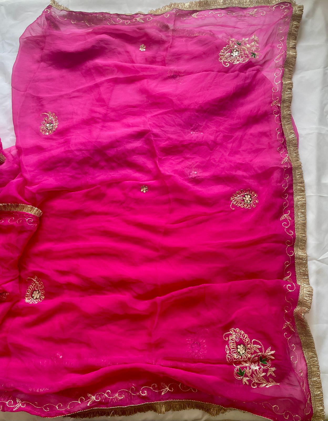 Hot Pink Chiffon Saree with Pittan Work.