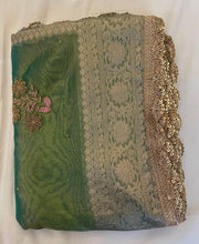 Sage Green Pure Tissue Silk Saree with Gold Embroidery.