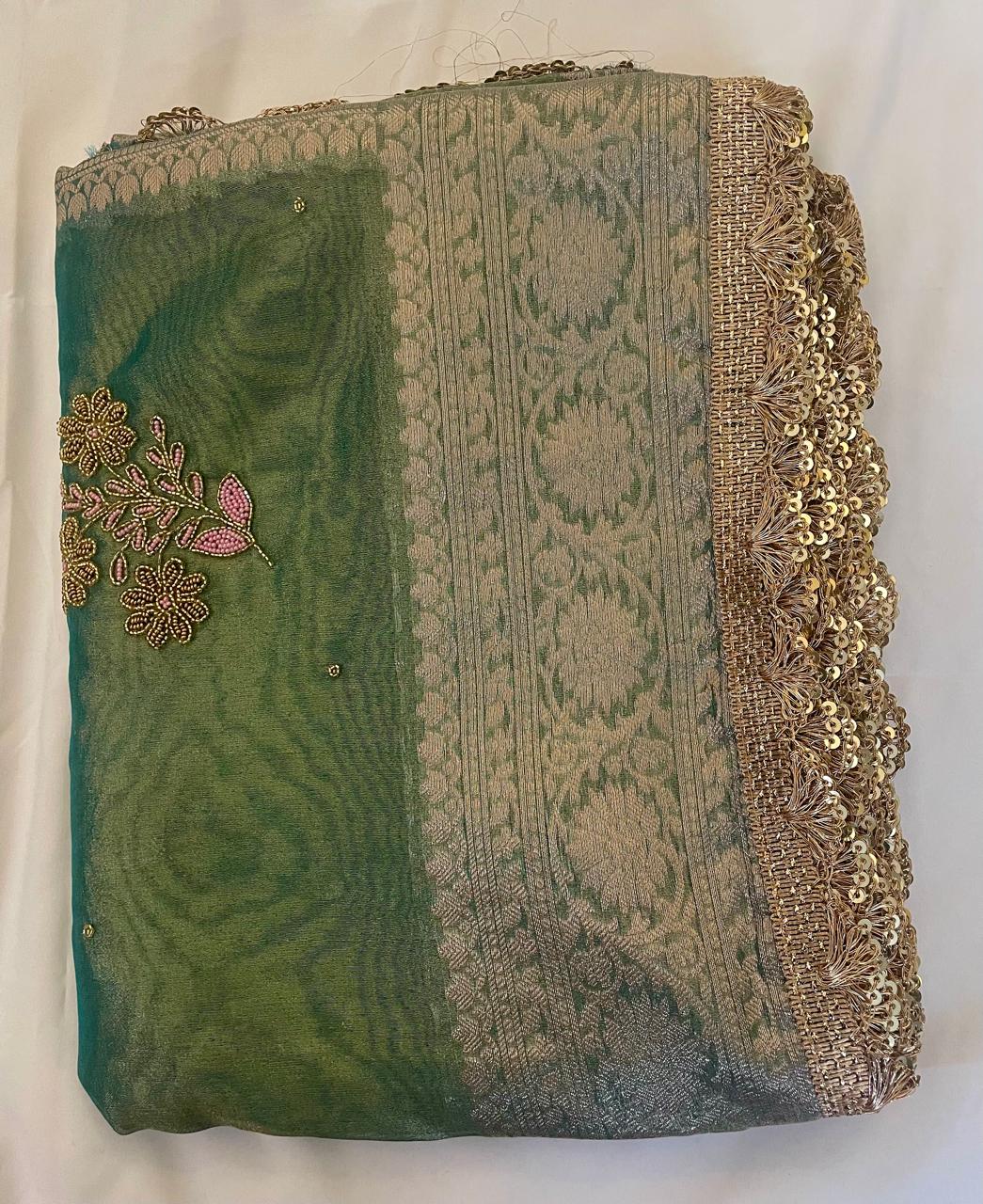 Sage Green Pure Tissue Silk Saree with Gold Embroidery.