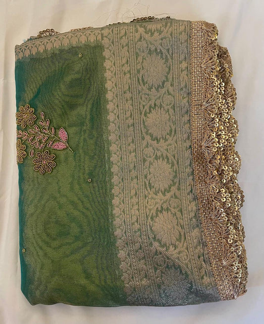 Sage Green Pure Tissue Silk Saree with Gold Embroidery.