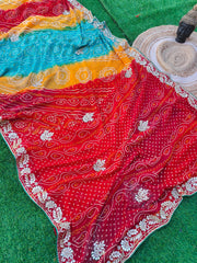 Multicolor Pure Georgette Zardosi Handwork Saree