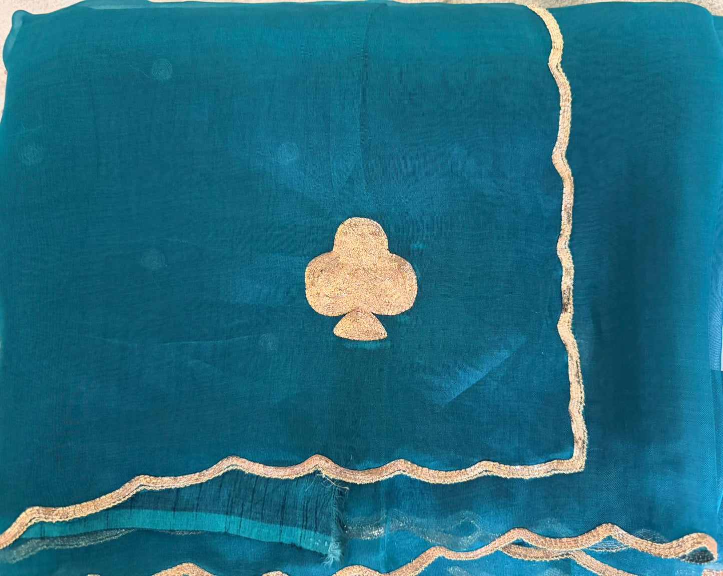 Pure Kora Silk Saree – Teal Blue with Handcrafted Floral Motifs