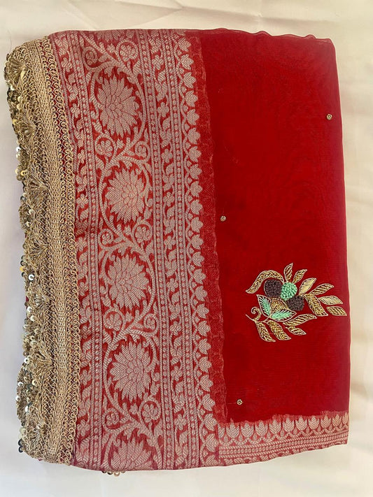 Red Pure Tissue Silk Handwork Saree.