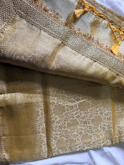 Woman wearing a graceful gold tissue silk saree for a wedding