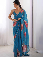 Blue color georgette saree with printed work and pearl border