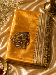 Royal Yellow Tissue Silk Saree with Handwork & Pearl Detailing