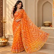 Yellow leheriya saree draped to show the diagonal tie-dye pattern