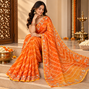 Yellow leheriya saree with cutdana handwork and silver floral embroidery - front view