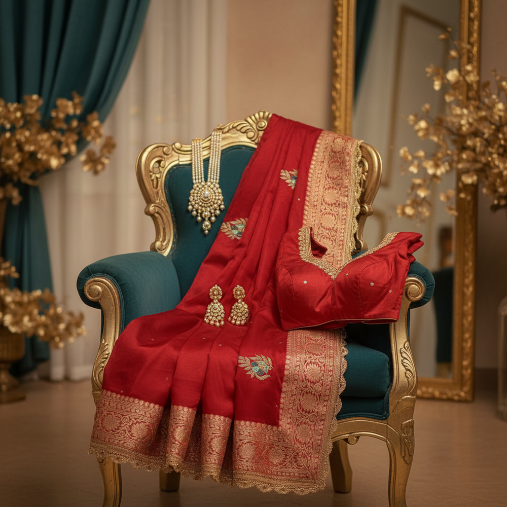 Red Pure Tissue Silk Handwork Saree with Lace Border