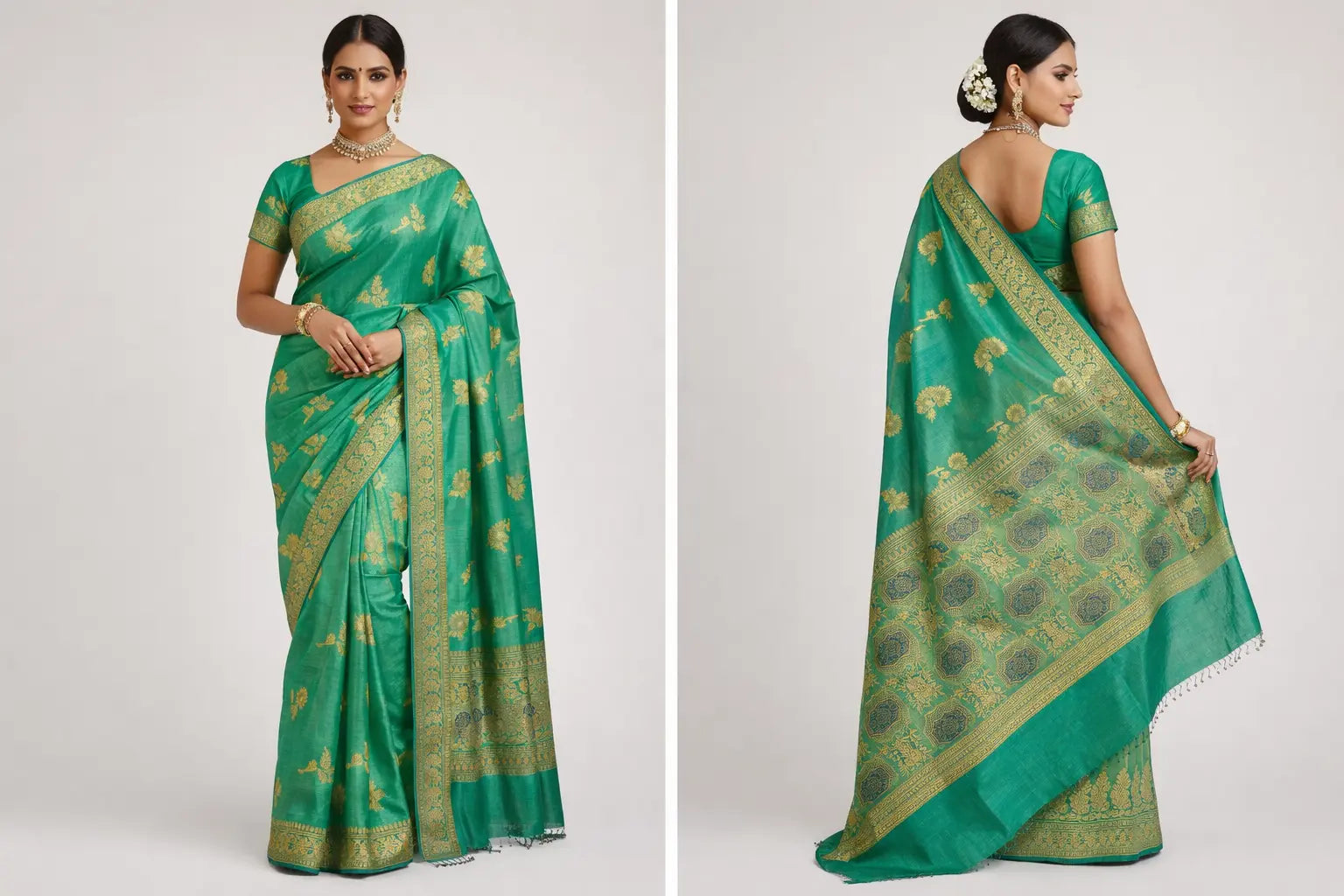 Emerald Green Raw Silk Saree Unique Threads