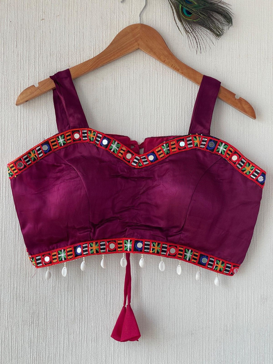 Magenta gajji silk readymade blouse with embroidery and mirror work.