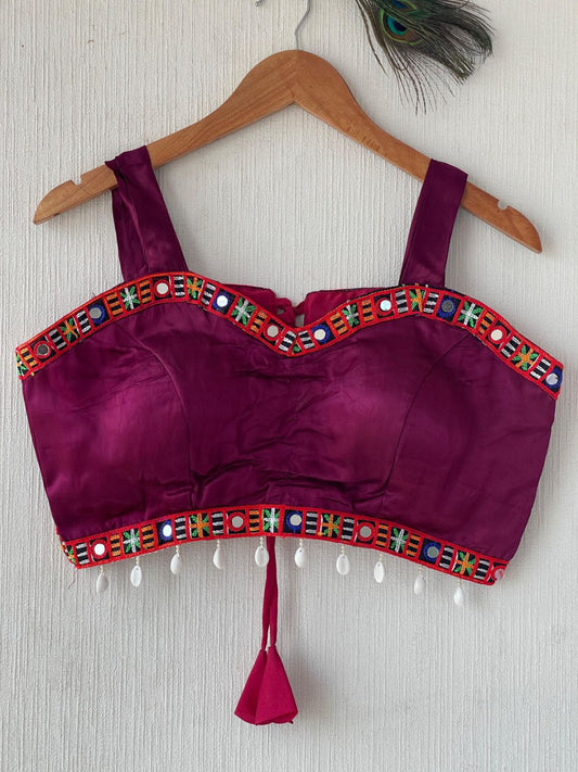 Magenta gajji silk readymade blouse with embroidery and mirror work.