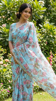 Sky blue georgette saree with Sequence work and mirror work border