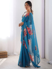 Blue color georgette saree with printed work and pearl border