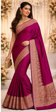 Magenta Silk Saree with Intricate Woven Border tvisa